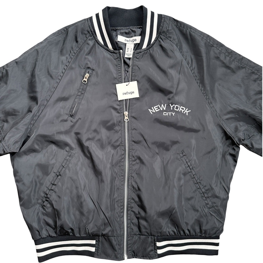 Refuge New York City Bomber Jacket Women Small Black NEW Varsity Embroidered NYC